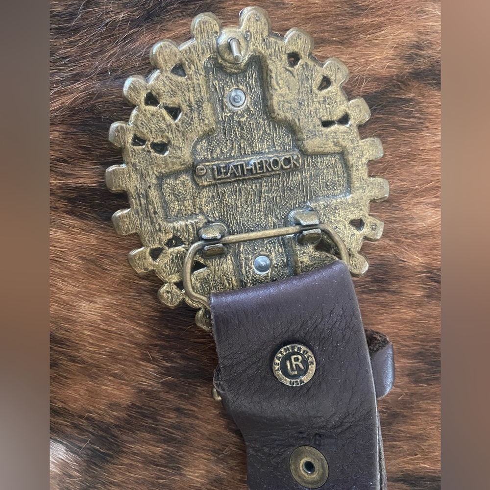 EUC Vintage LEATHEROCK Soft Brown Leather Brass Belt and Buckle Set - Picture 3 of 4